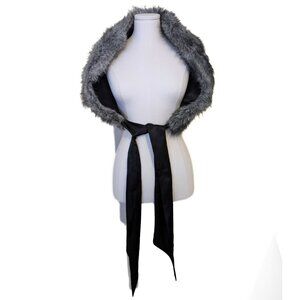 Vintage Faux Fur Shoulder Cape w Satin Tie Retro Elegant Grey Formal Evening